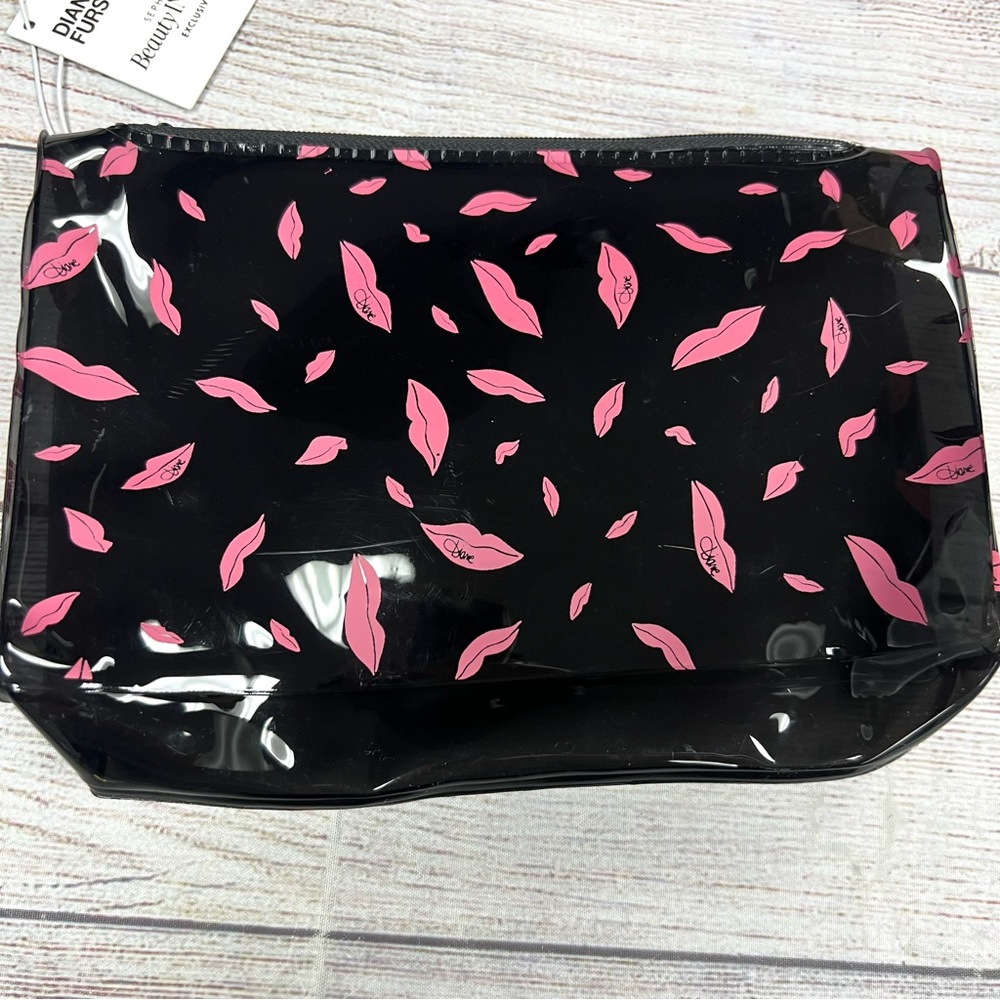 Sephora x Diane von Furstenberg Vinyl Lip Print Cosmetic Bag Set of 2 Black Pink - Picture 3 of 8